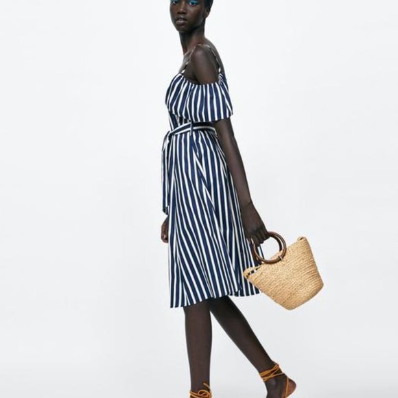ZARA Cold Shoulder Nautical Navy Blue White Stripe Cotton Midi Dress - Picture 3 of 13